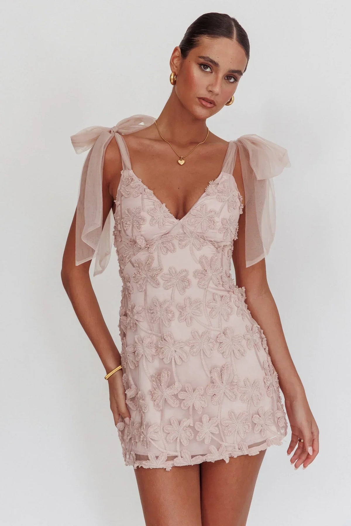 3D Floral Applique Tulle Tie Shoulder V-Neck Mini Dress
