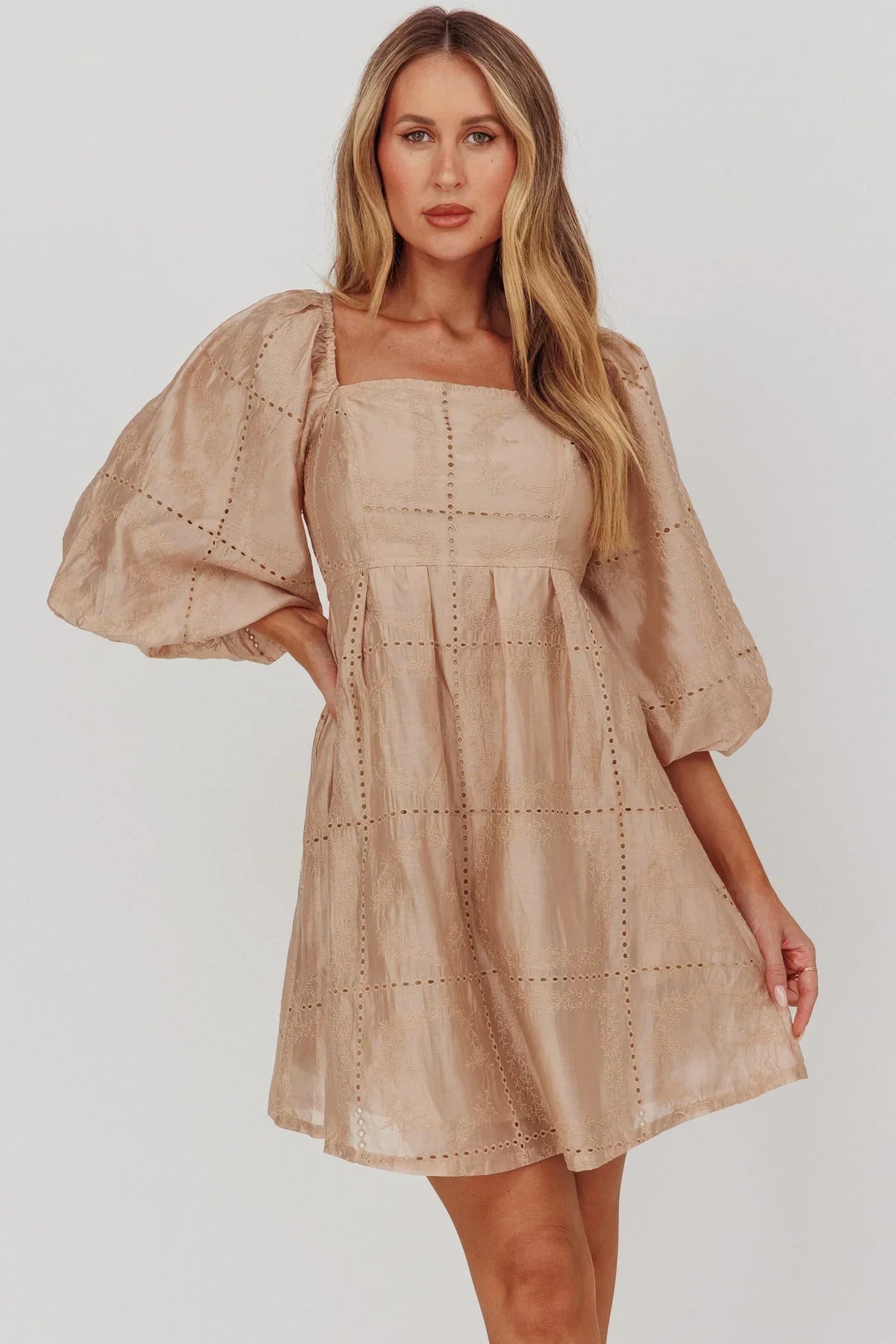 Eyelet Square Neck Balloon Sleeve Babydoll Mini Dress