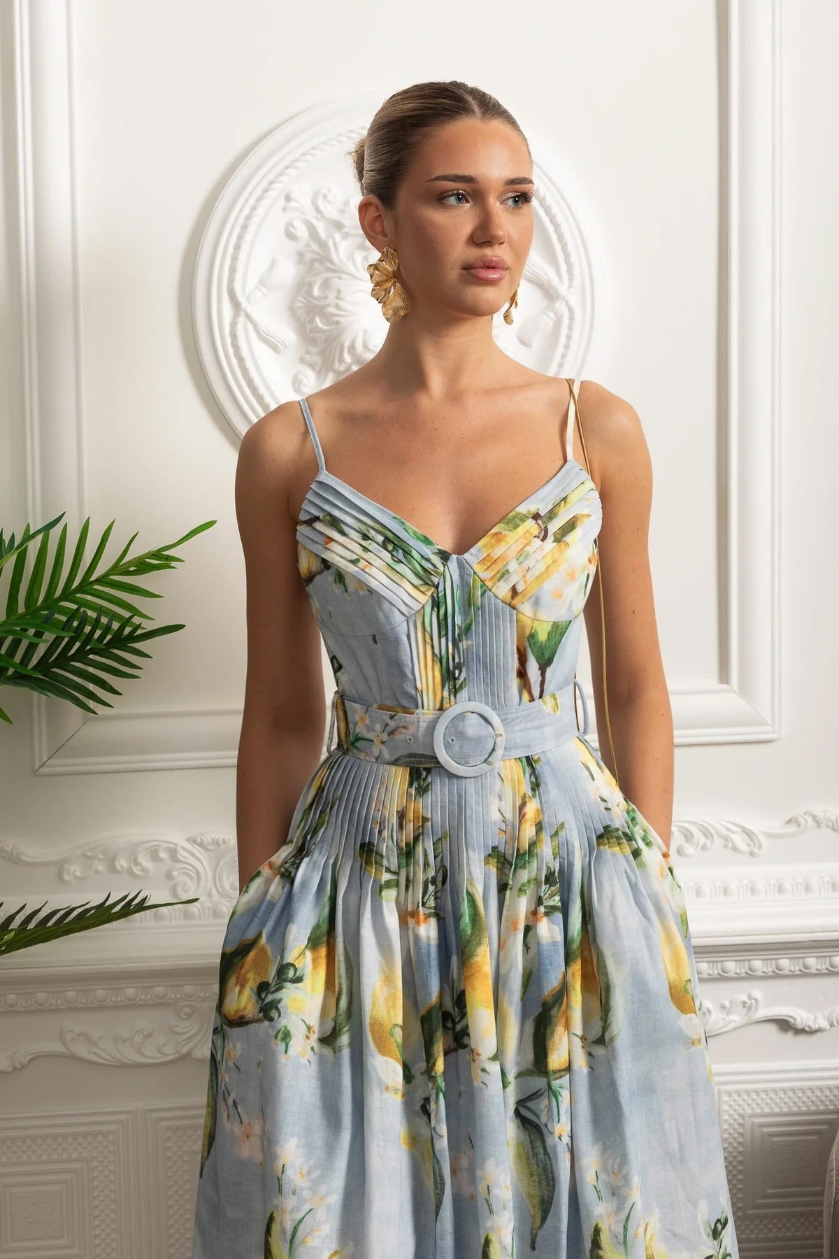 Pleated Bust Belted Midi Dress with Spaghetti Straps - Sky Blue