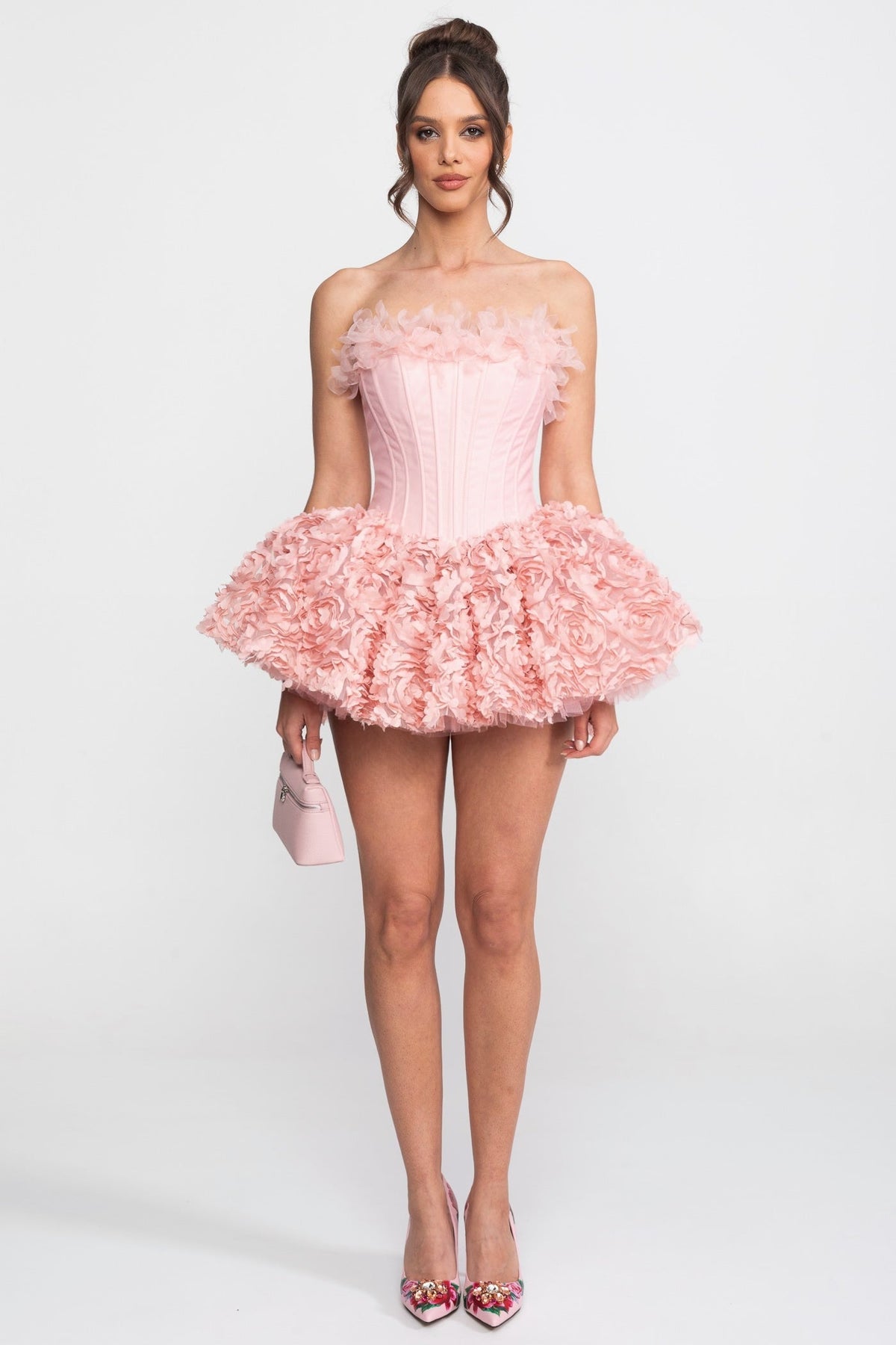 Strapless Corset Bodice 3D Floral Applique Skirt Mini Dress