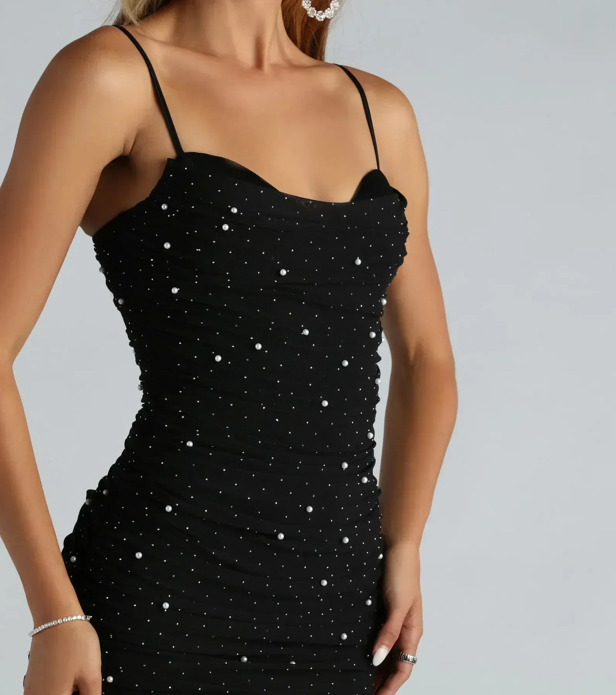 Pearl Embellished Mesh Cami Ruched Bodycon Mini Dress 2