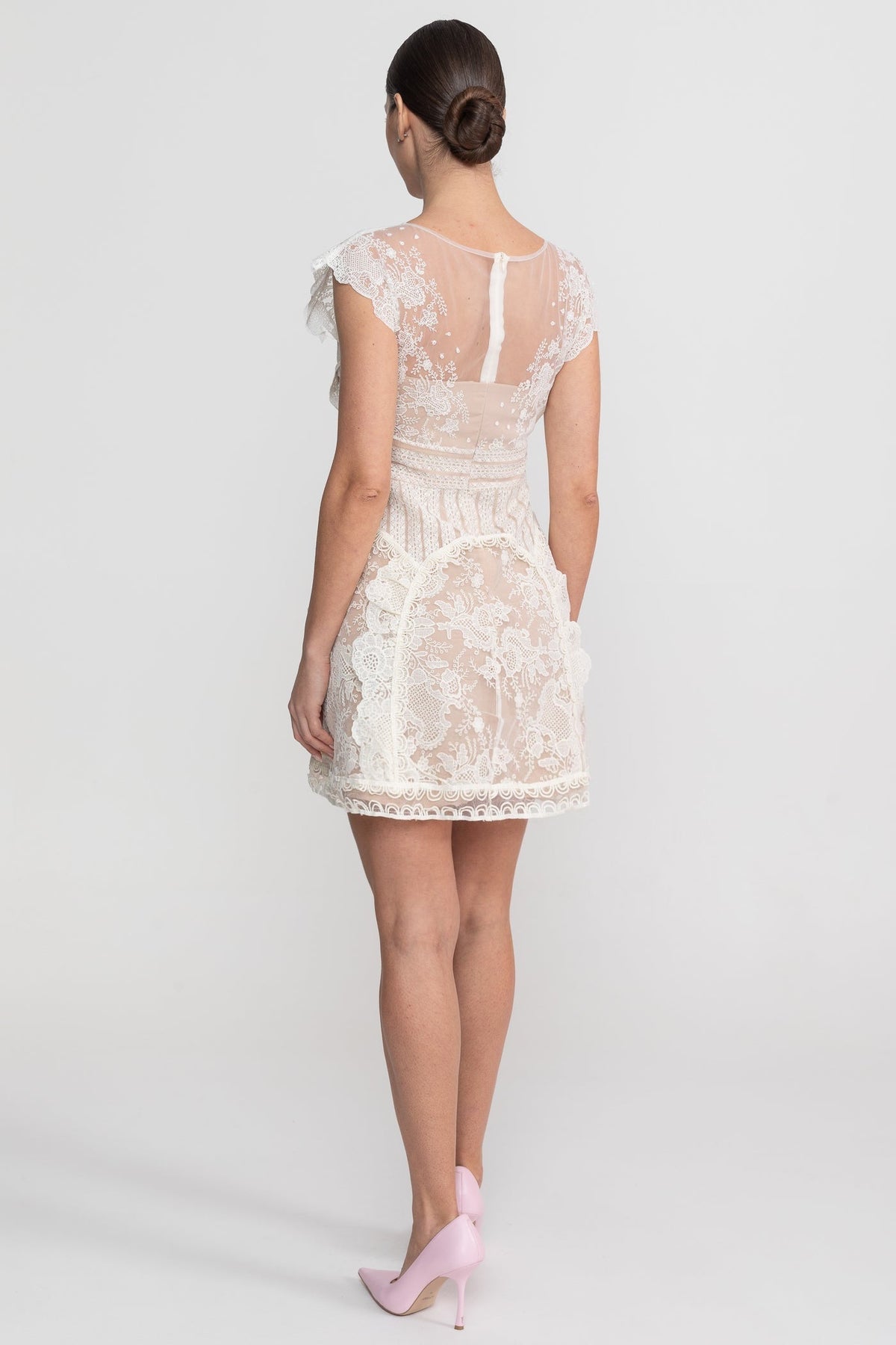 Lace Sheer Mesh Yoke Cap Sleeve Pearl Button A-Line Mini Dress - View 7