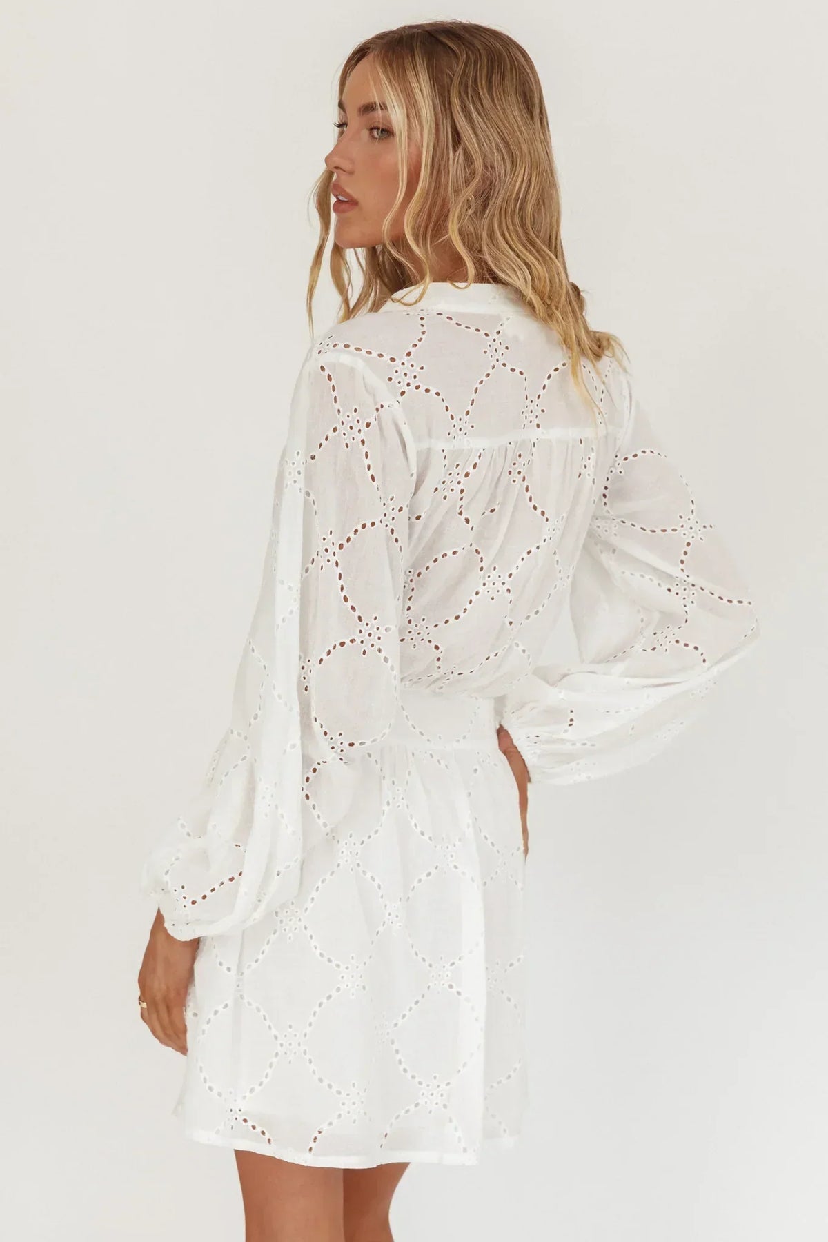 Flossy Eyelet Overlay Tie Mini Dress White