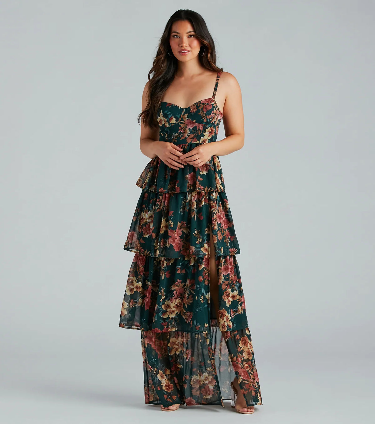 Floral Print Chiffon Sweetheart Cami Strap Tiered Ruffle Split Maxi Dress