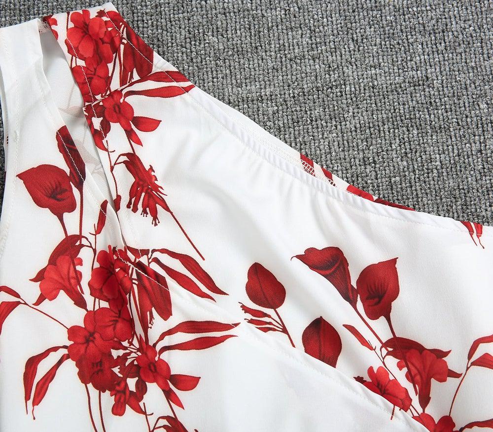 Romantic Red Flower Asymmetrical Keyhole Maxi Dress