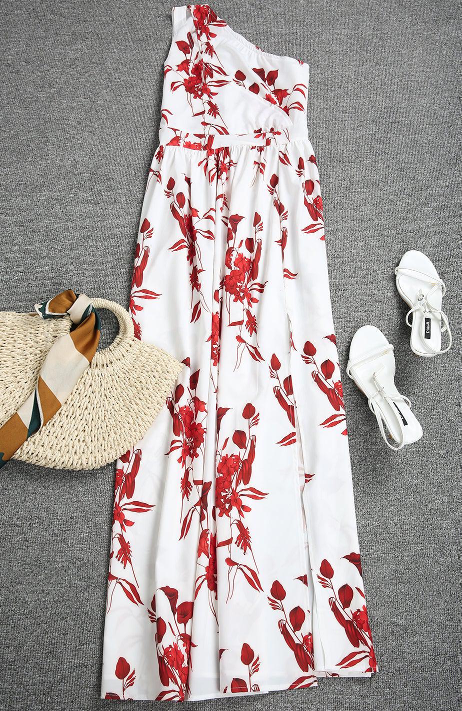 Romantic Red Flower Asymmetrical Keyhole Maxi Dress