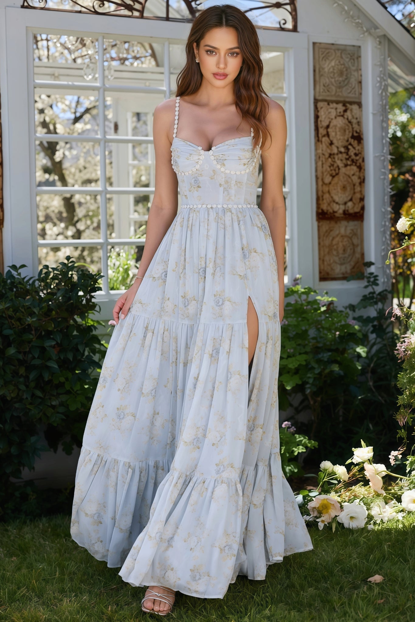 Floral Sweetheart Pearl Trim Corset High Split Maxi Dress