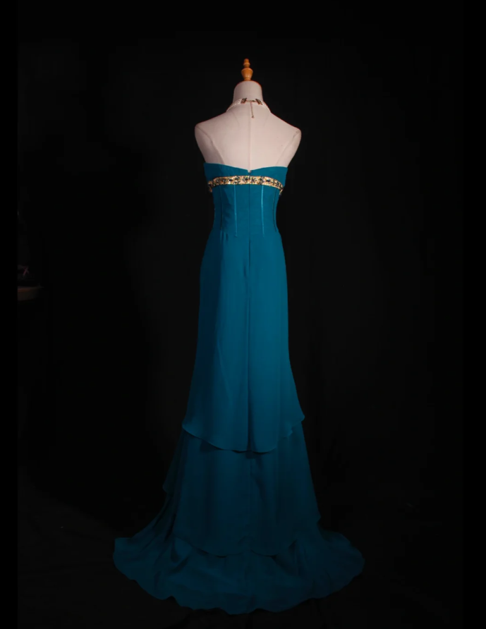 Elegant Blue-green Strapless Chiffon Layered Mermaid Long Evening Dress Formal Wedding Guest Dress With Beads