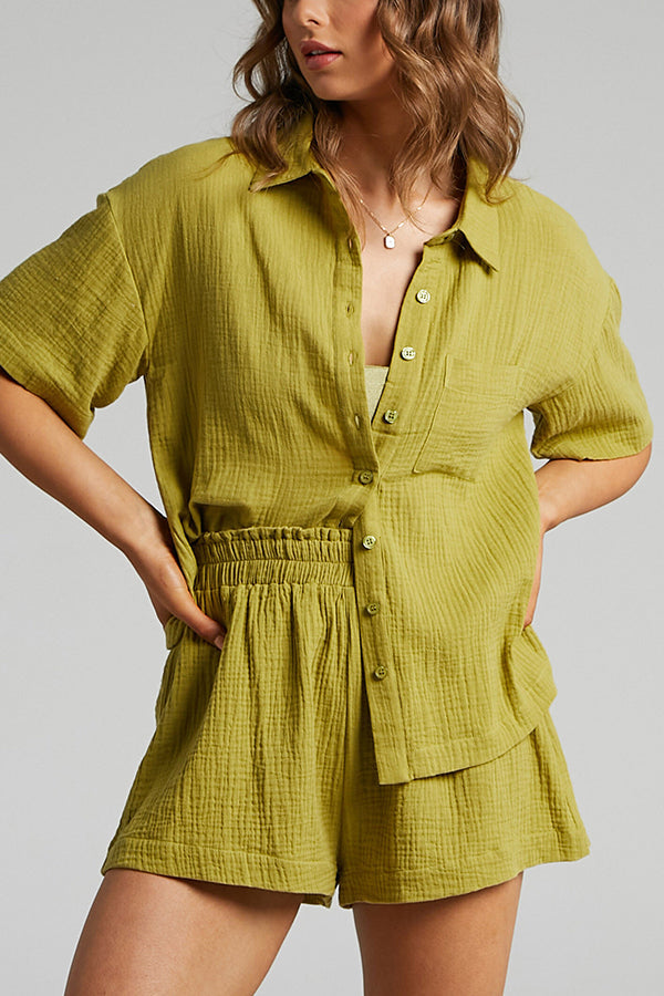 Button Half Sleeve Blouse Short Set