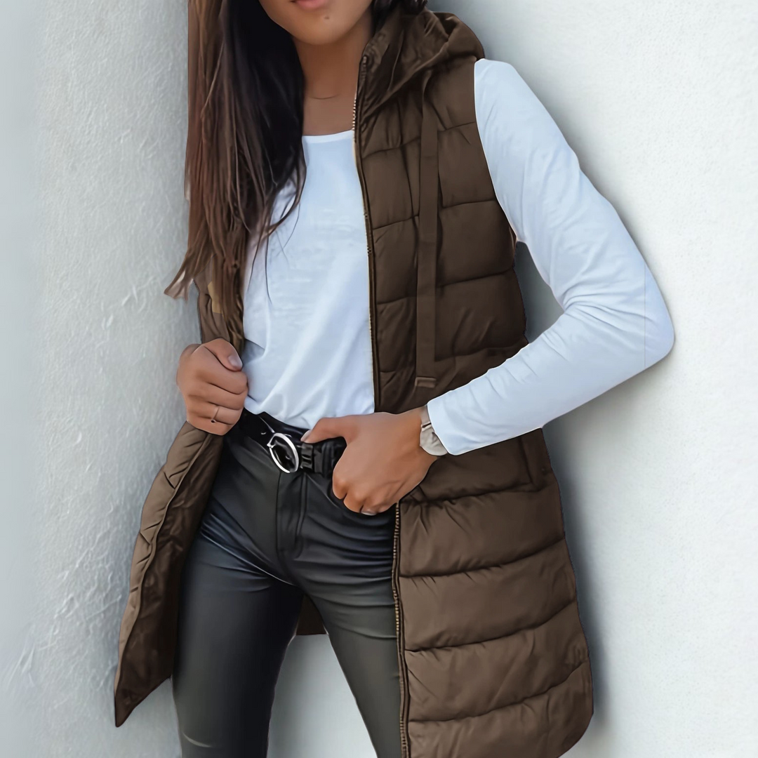 Hooded Zip Front Longline Puffer Vest