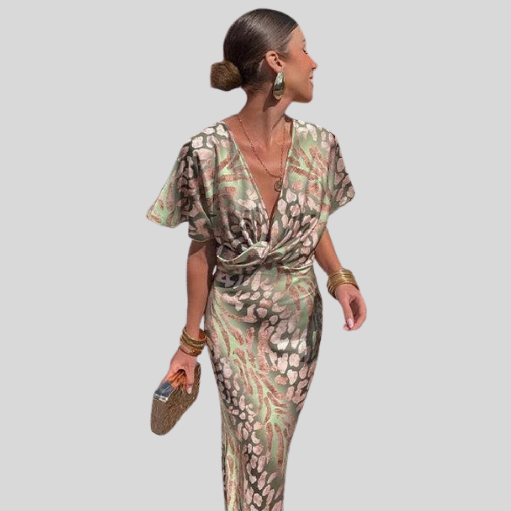Animal Print Deep V-Neck Twist Front Bodycon Maxi Dress 2