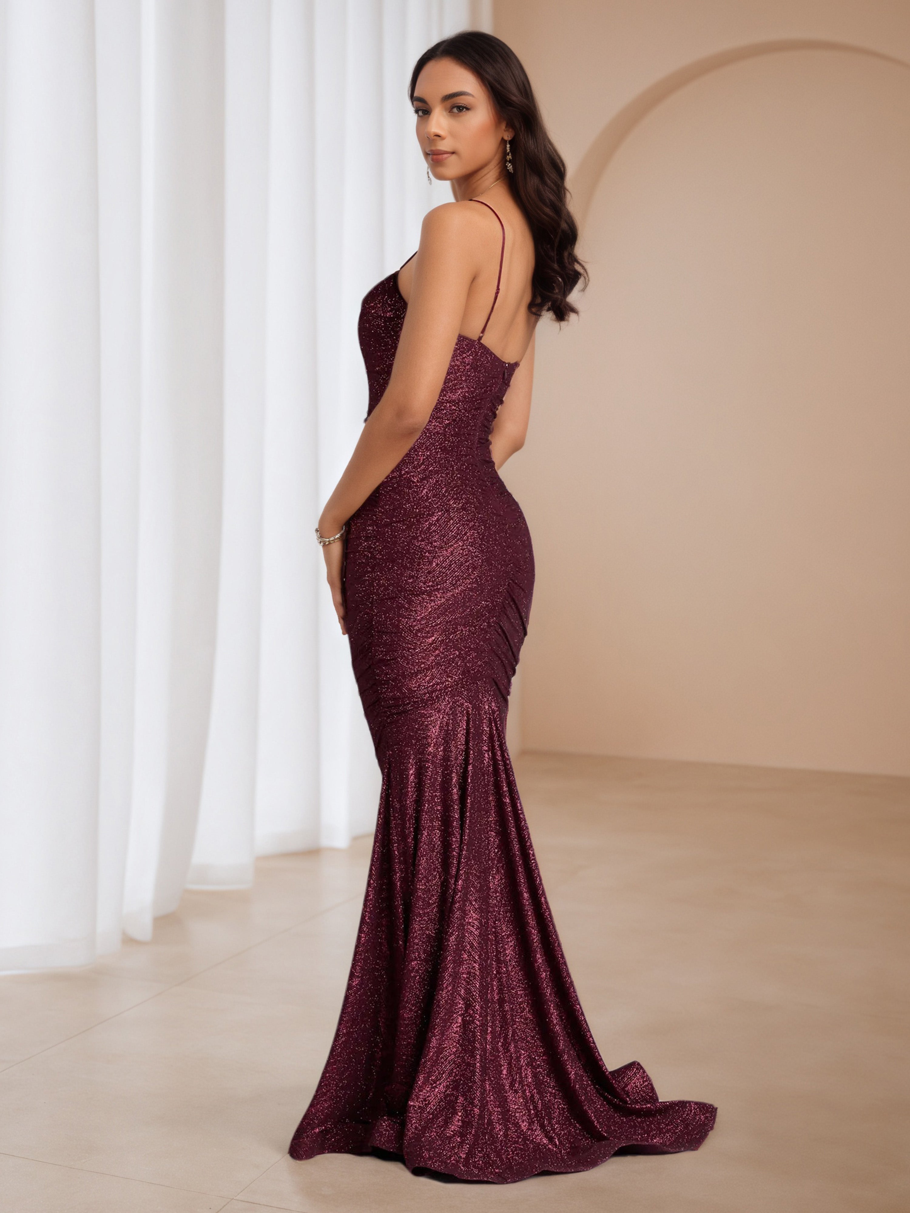Glitter Cabernet Spaghetti Straps V-Neck Formal Dresses