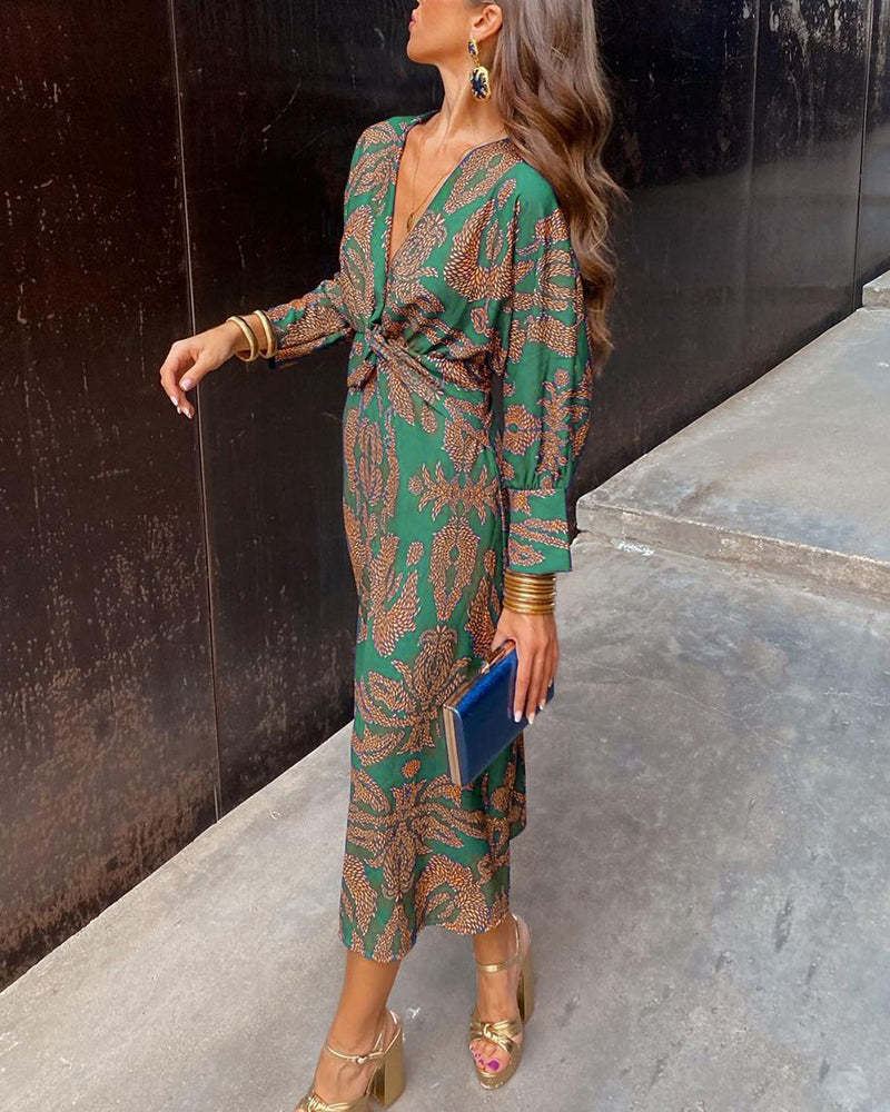 Deep V-Neck Long Sleeve Twist Front Midi Dress 2