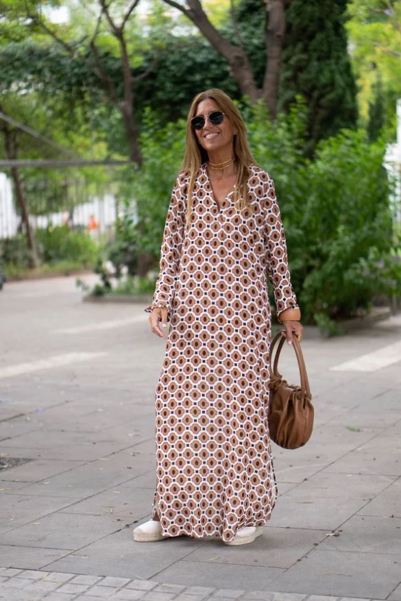 Geometric Print V-Neck Long Sleeve Maxi Dress