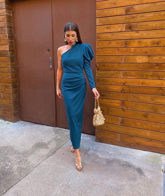 Blue One Shoulder Sheath Prom Dress