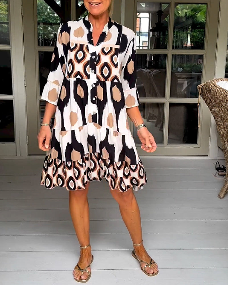 Abstract Print Button Front Flared Sleeve Tiered Midi Dress