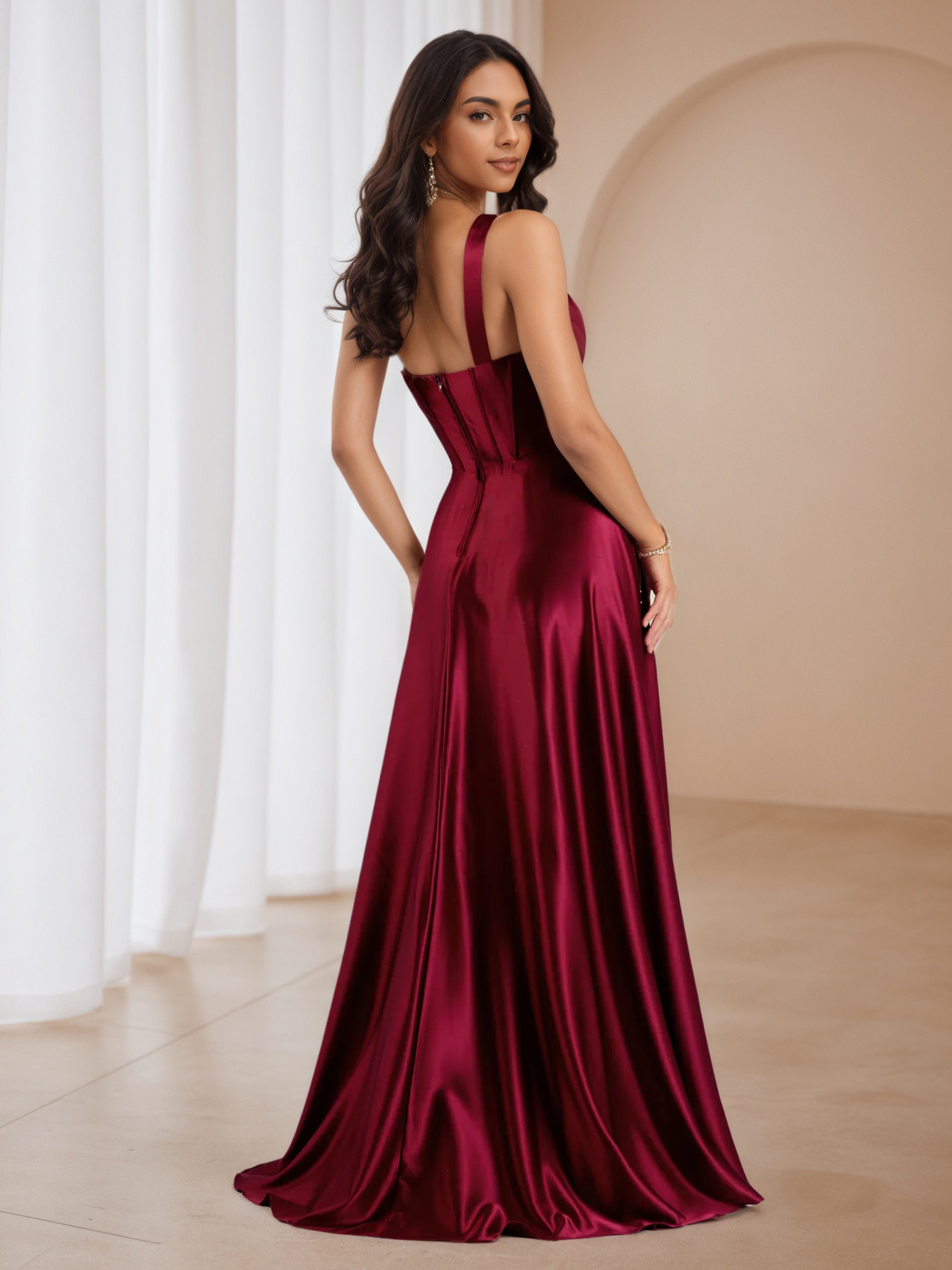 Burgundy A-Line One Shoulder Formal Dresses