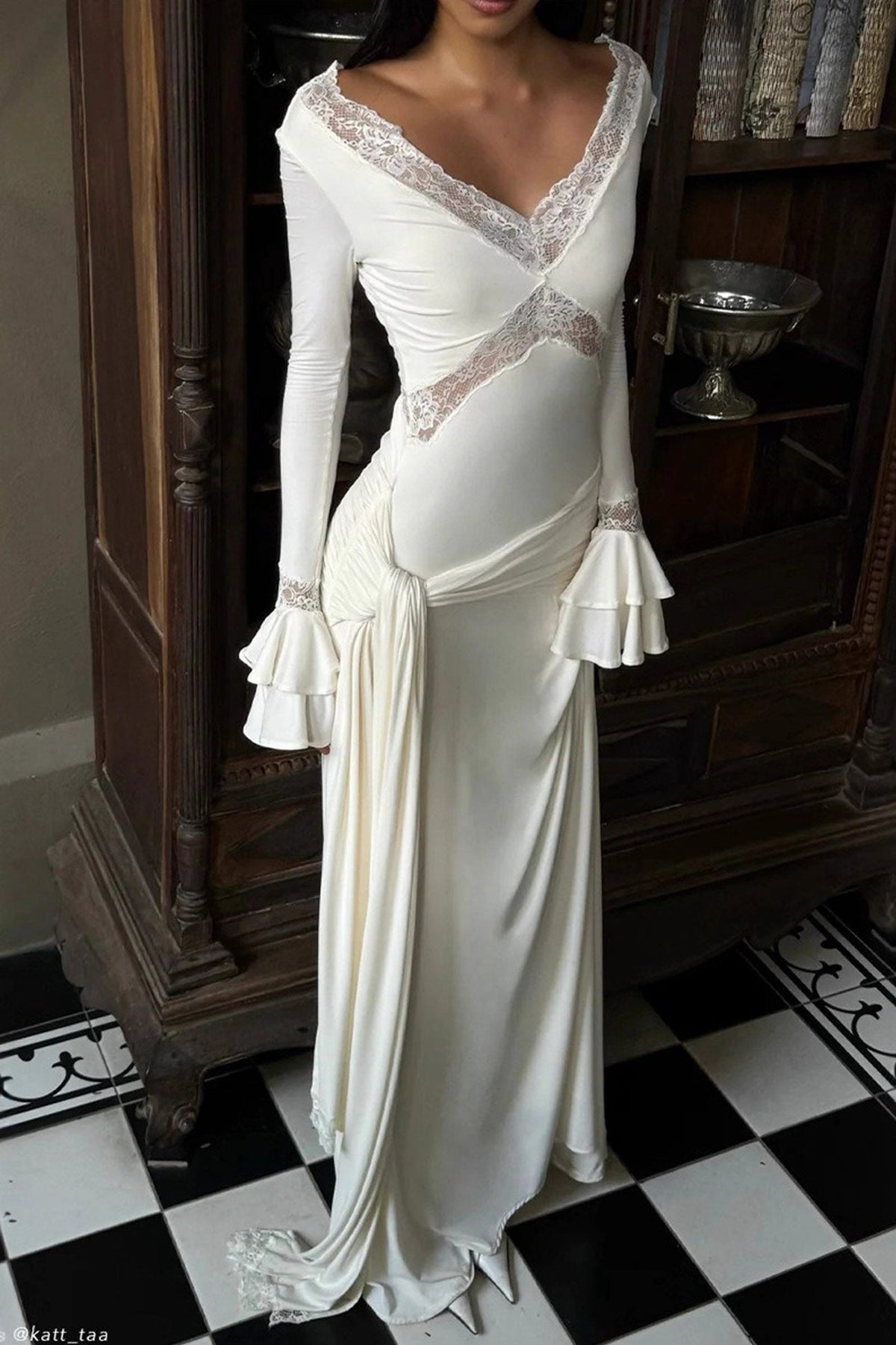Lace Trim V-Neck Flare Long Sleeve Draped Ruched Maxi Dress