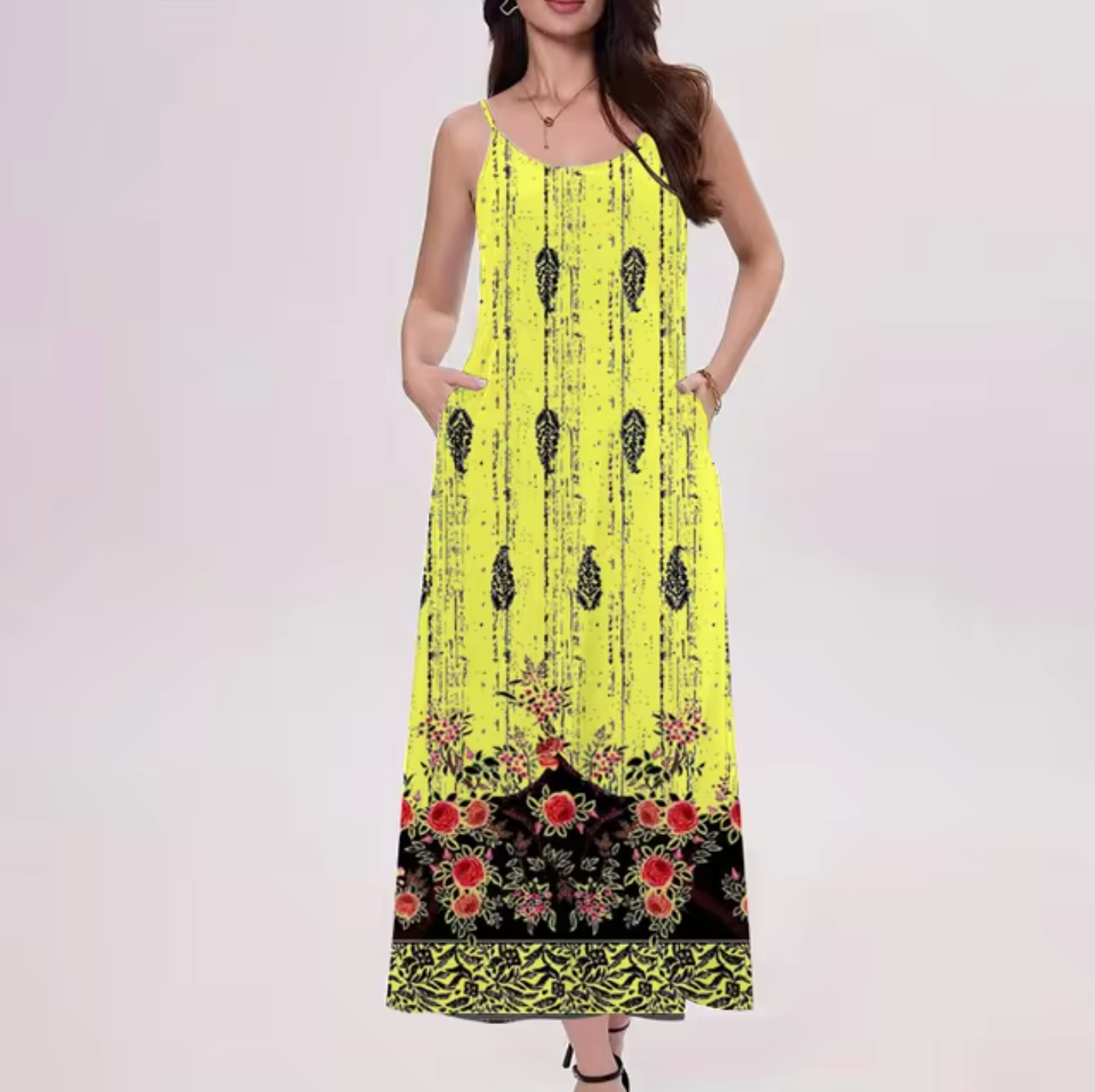 Floral Border Print Spaghetti Strap Scoop Neck Pocket A-Line Maxi Dress
