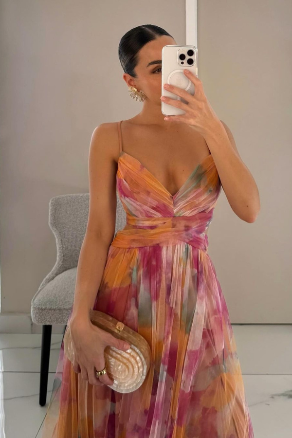 Floral Print Tulle V-Neck Spaghetti Strap High Split Maxi Gown