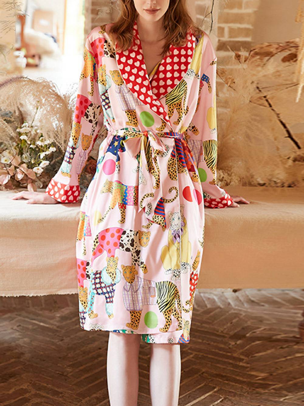 Leopard Animal Print Polka Dot Heart Collar Wrap Robe Set