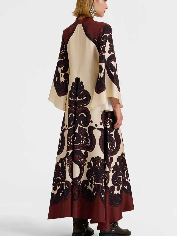 Scroll Print Satin Tie Neck Bell Sleeve A-Line Maxi Dress