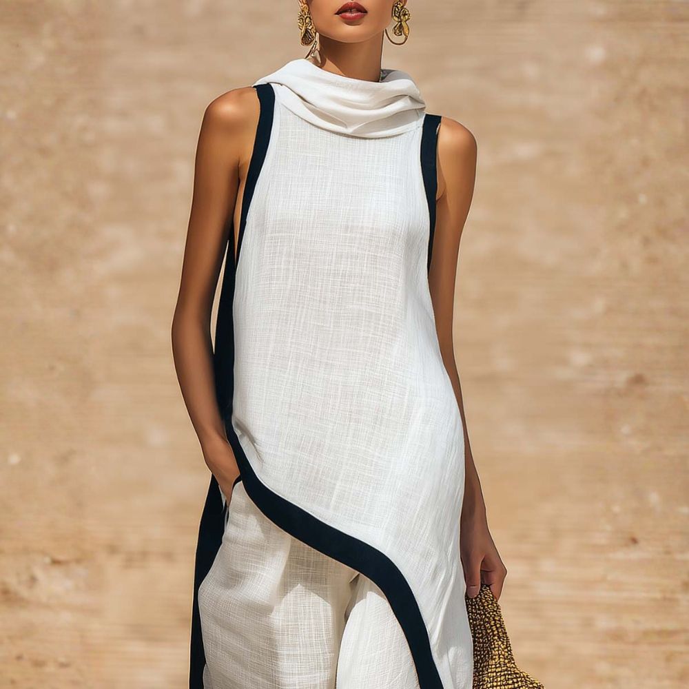 Contrast Trim Sleeveless Top and Wide Leg Pants Two Piece Set
