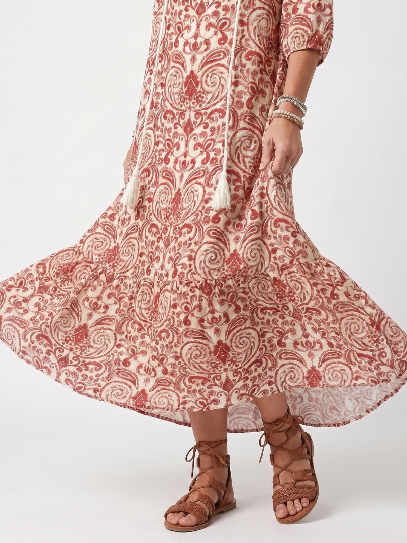 Ornate Print Tie Neck Tassel Three Quarter Sleeve Maxi Dress