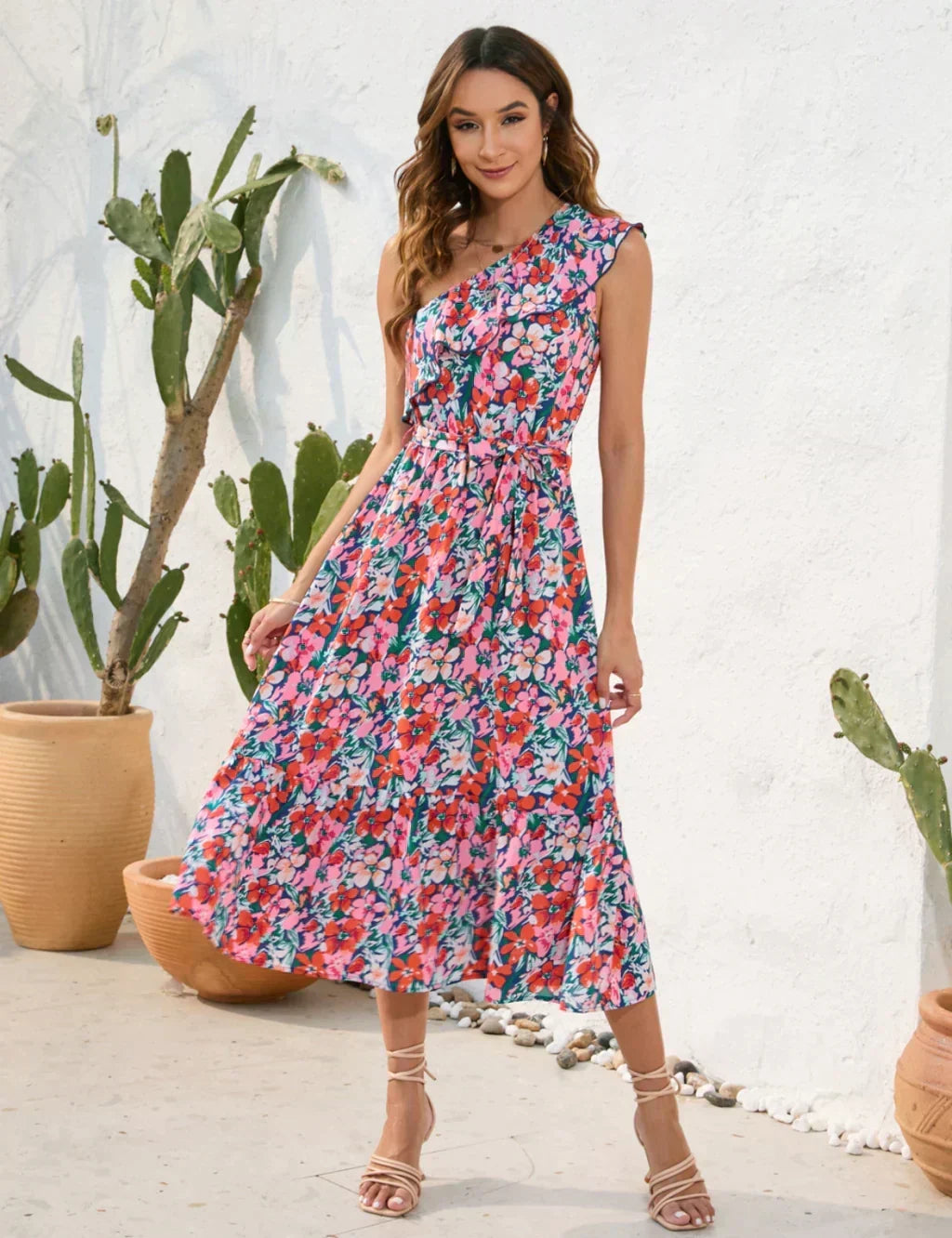 Floral Print One Shoulder Ruffle Belted Tiered Midi Dress 2