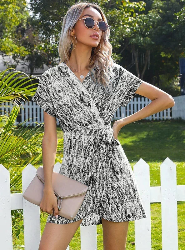 Abstract Print V-Neck Short Sleeve Tie Waist Wrap Mini Dress