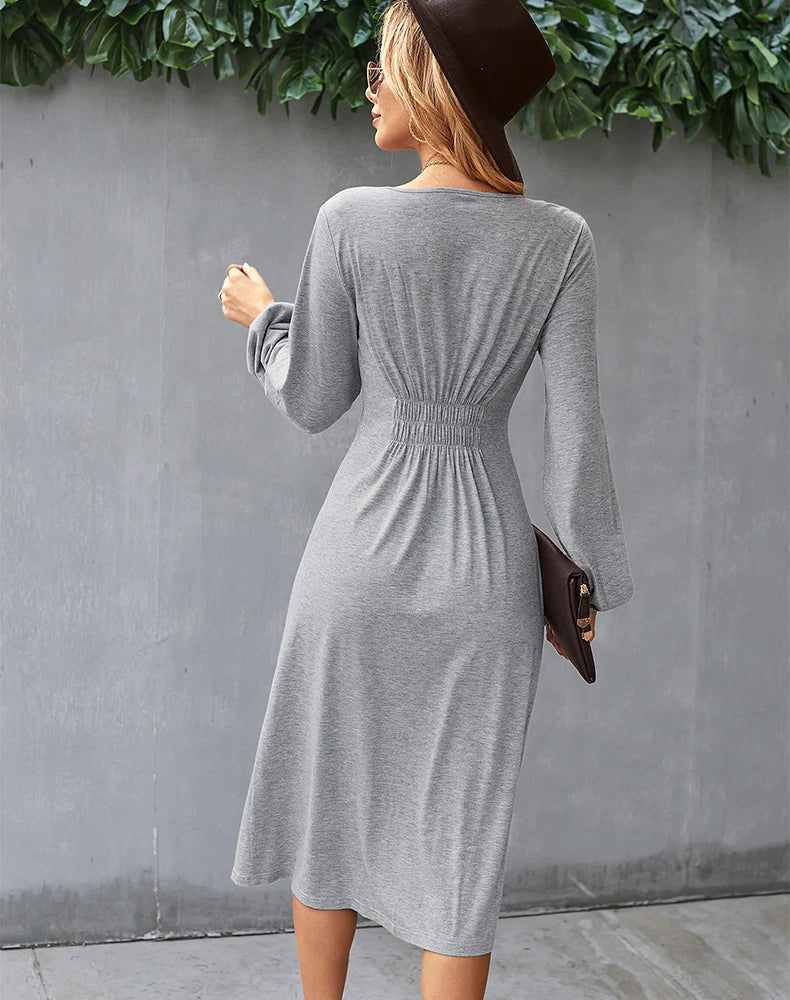 V-Neck Long Sleeve Button Front Smocked Waist A-Line Midi Dress 4