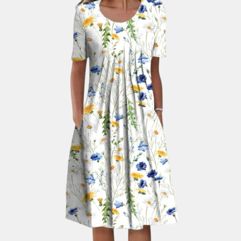 Wildflower Print Round Neck Short Sleeve Pleated Midi Dress