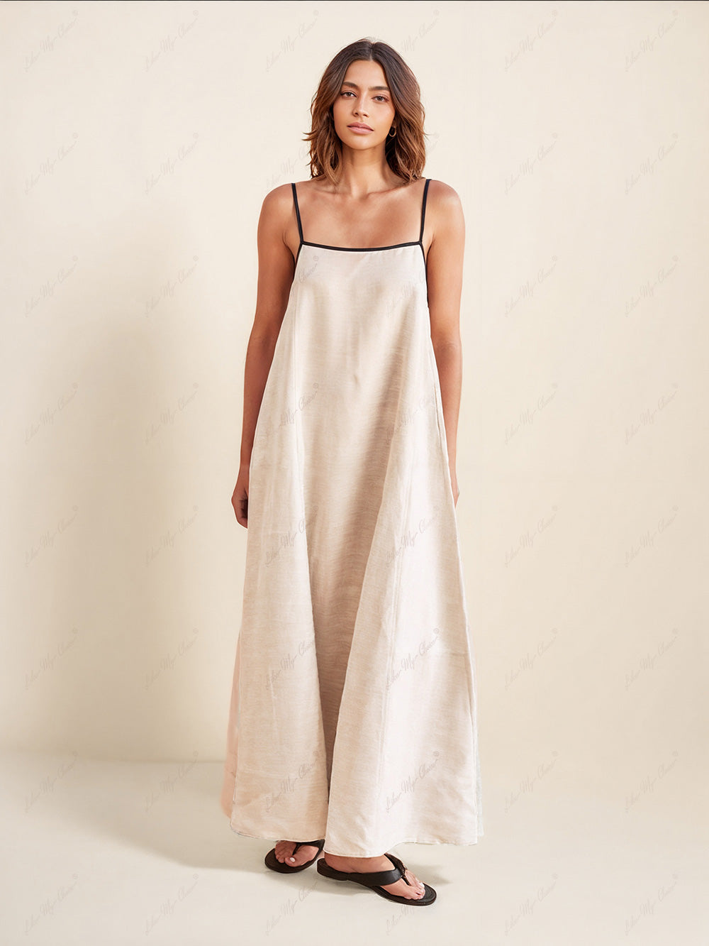Contrast Trim Straight Neck Spaghetti Strap Linen-Look Trapeze Maxi Dress 3