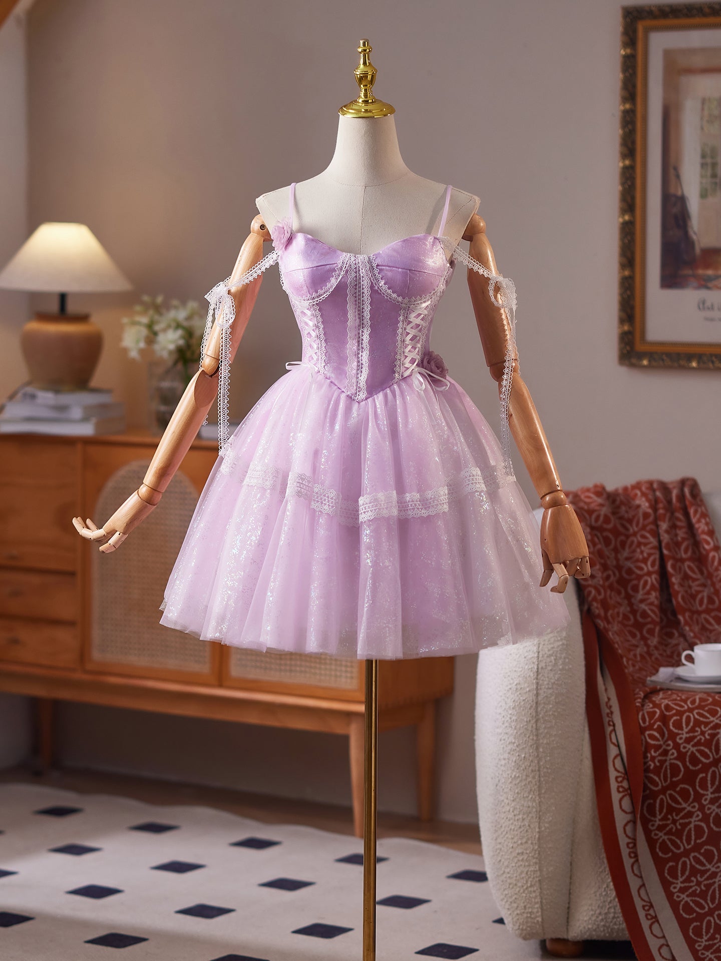 Spaghetti Straps Lilac A Line Short Homecoming Dress with Flower and Lace Appliques
