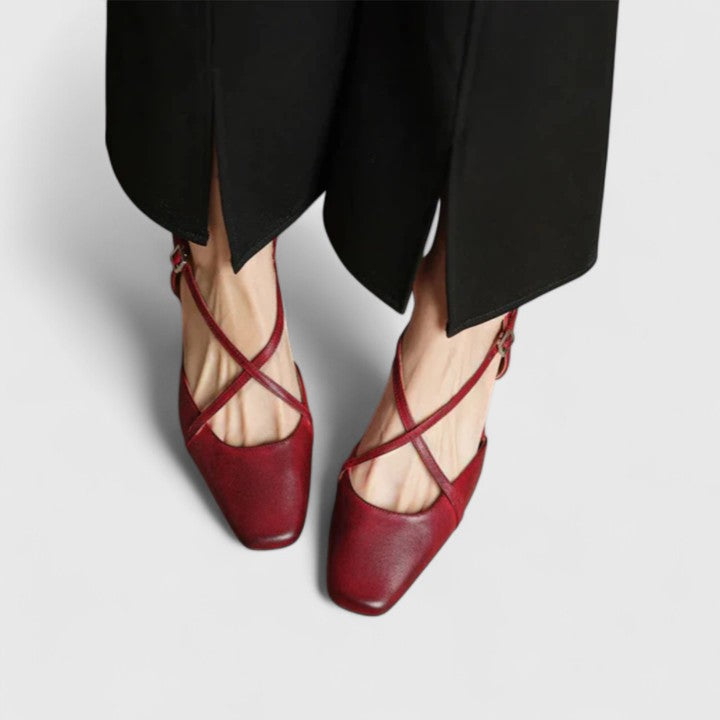 Square Toe Slingback Cross Strap Block Heel Pumps