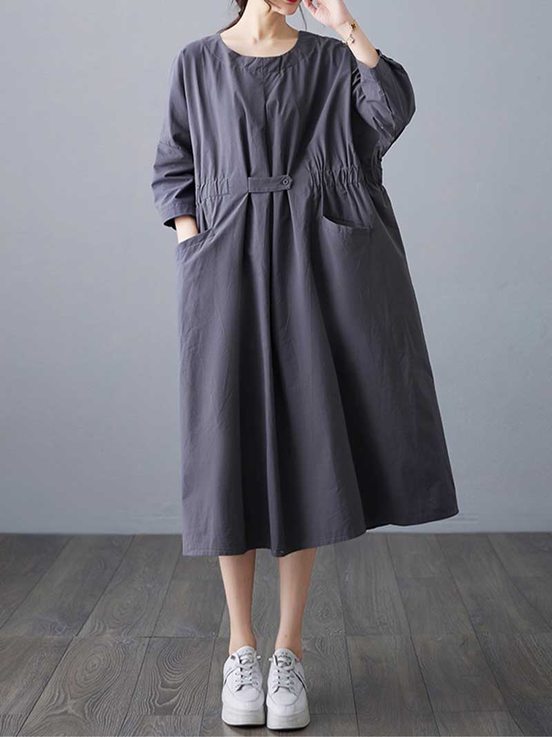 Round Neck Three Quarter Sleeve Gathered Waist Pleated Pocket A-Line Midi Dress