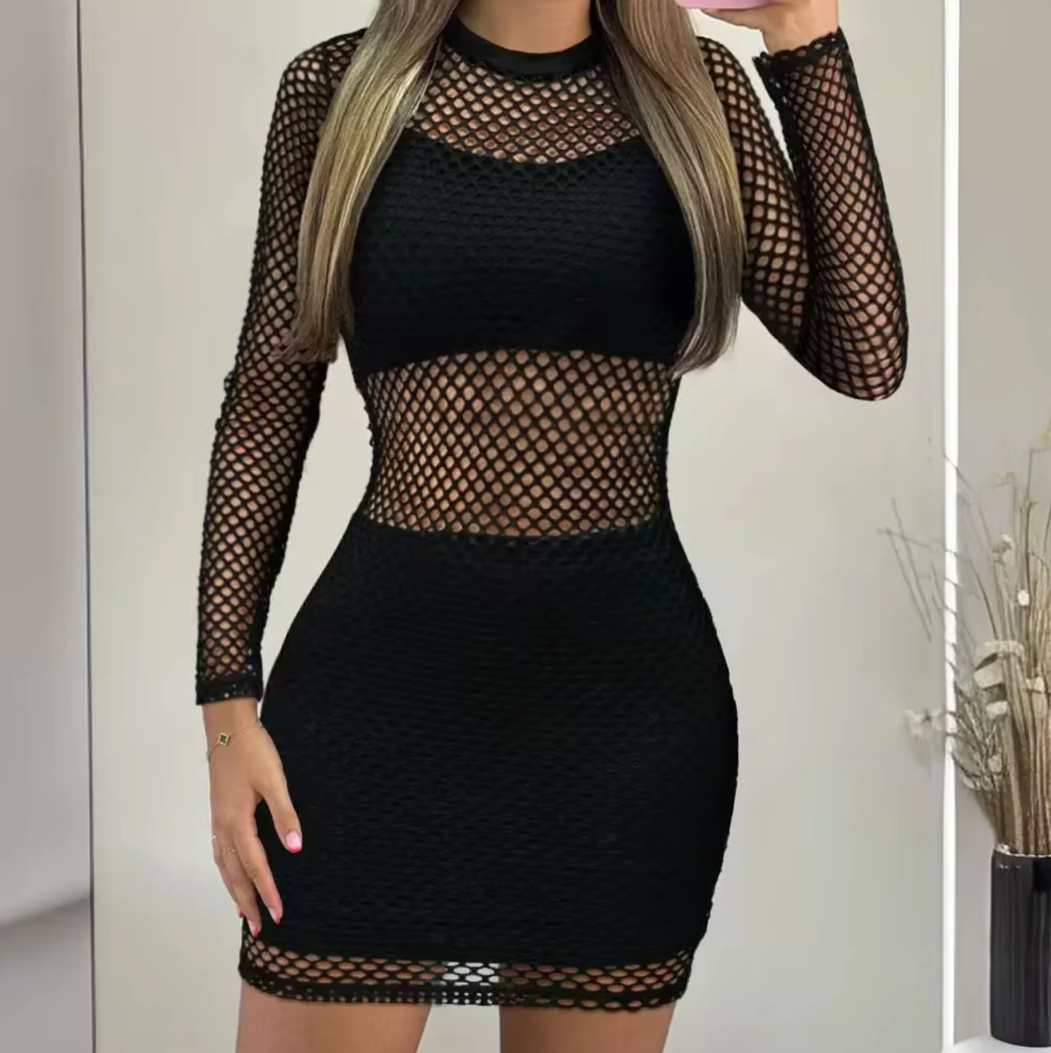 Mesh Long Sleeve Bodycon Mini Dress