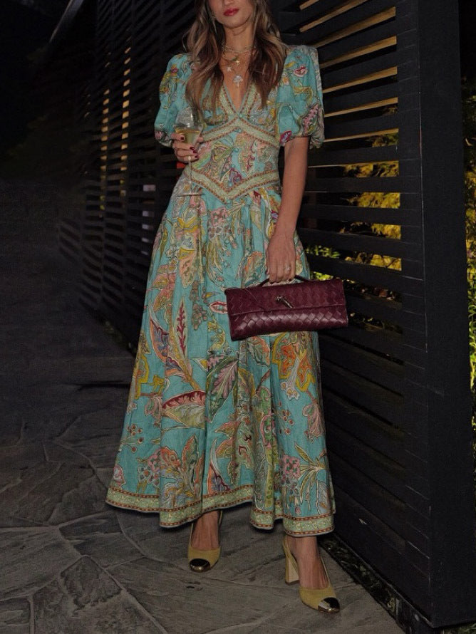 Satin Floral Print Puff Sleeve Midi Dress
