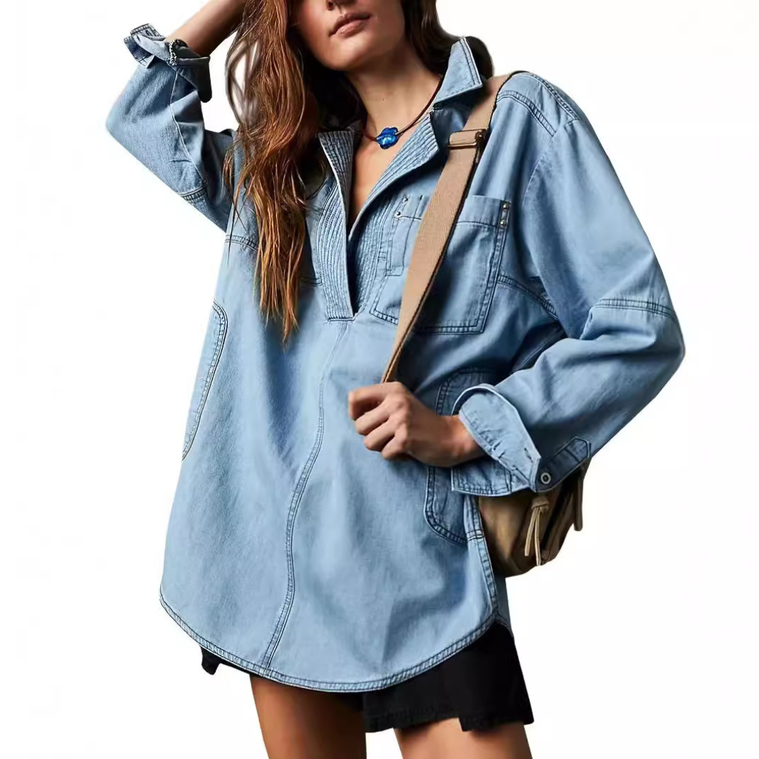 Nalinae™ | Chic V-Neck Denim Tunic Top