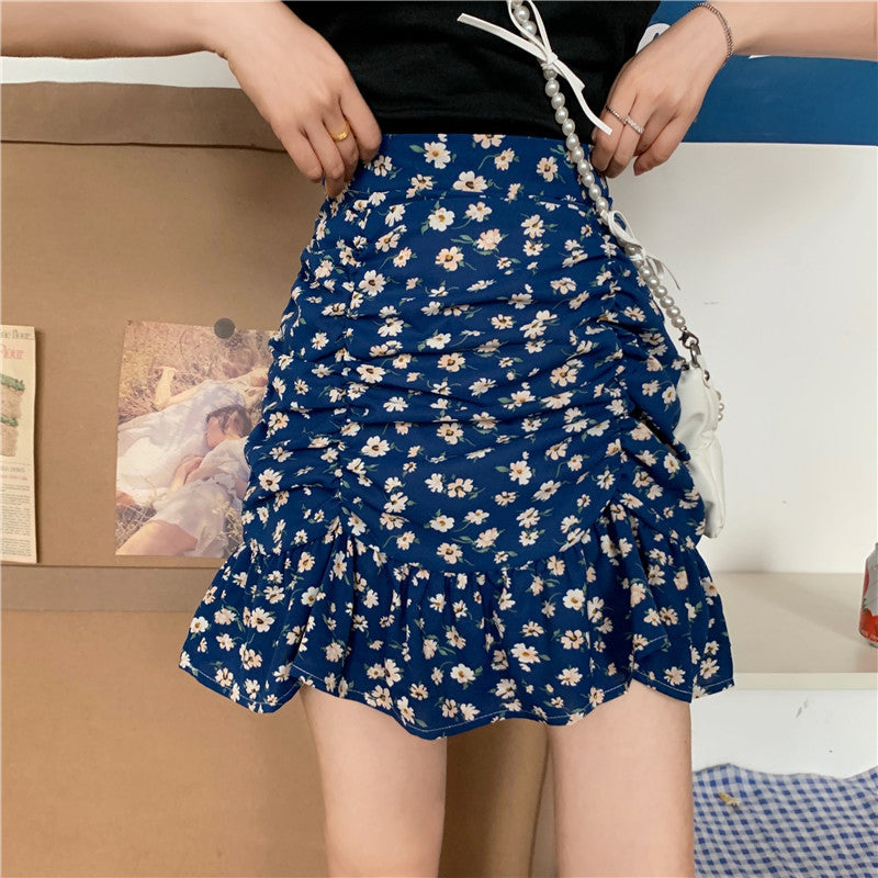 Flowers Pattern Folds Sexy Mini Skirts