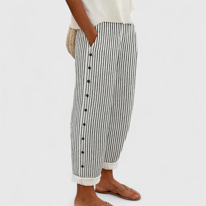 Striped High Waist Button Side Tapered Pants