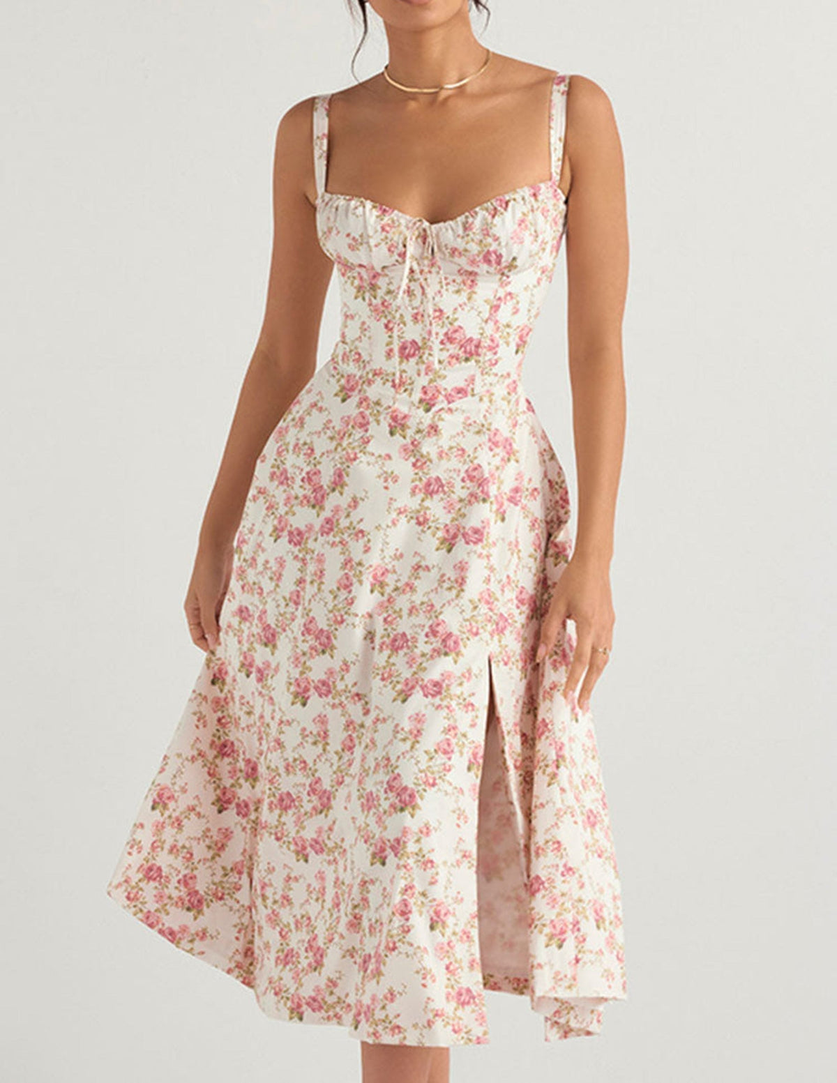Floral Print Sweetheart Neck Corset High Split Midi Dress