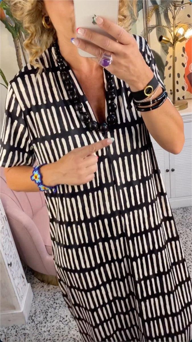 Geometric Dash Print V-Neck Short Sleeve Relaxed Maxi Dress