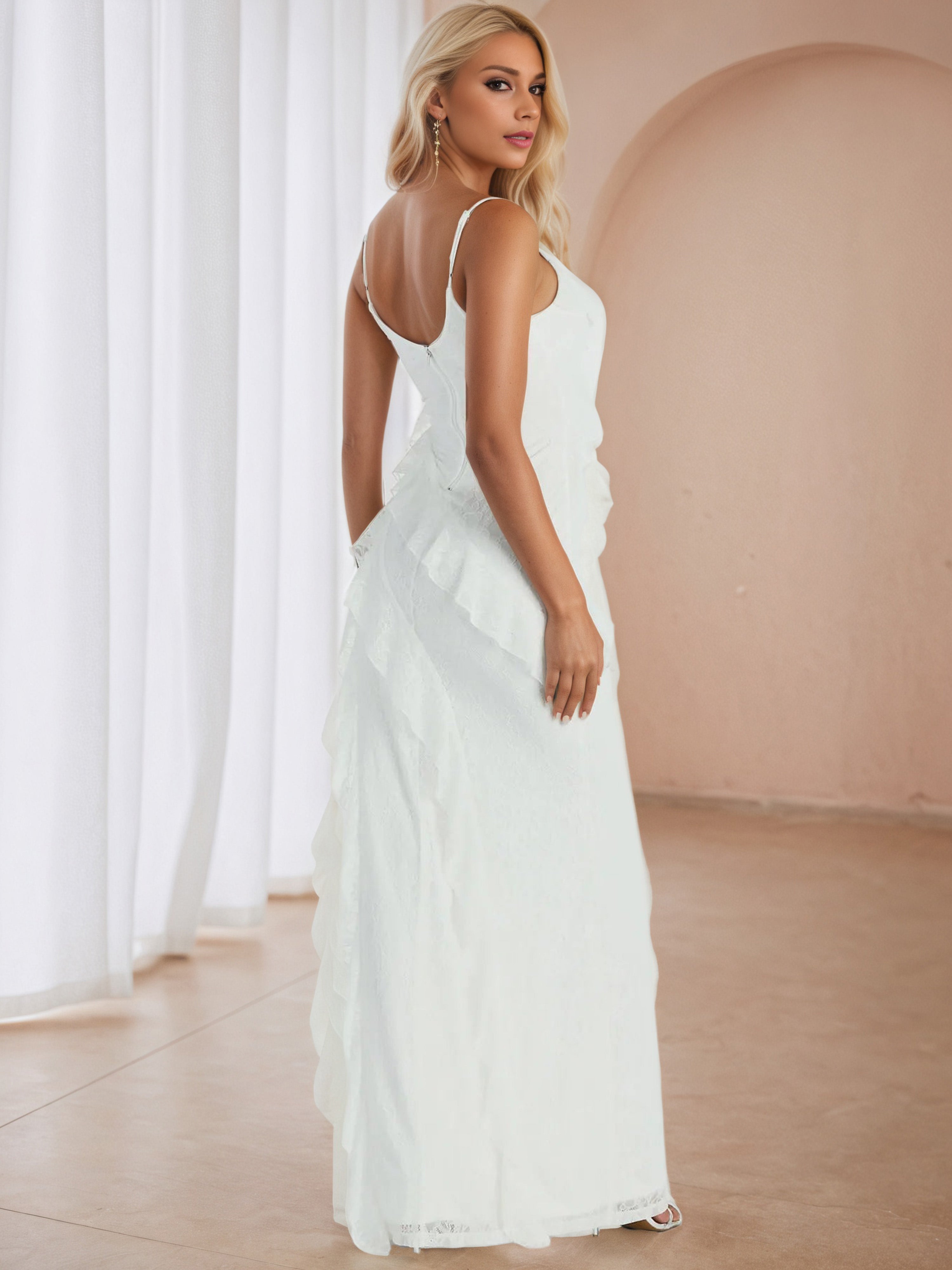 V-Neck Spaghetti Straps Ivory Formal Dresses with Split