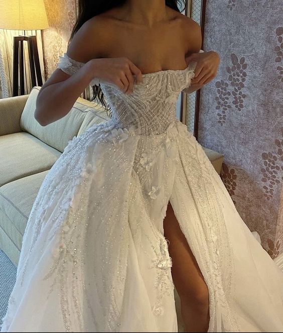 Off The Shoulder Wedding Dress With Slit Bridal Dress