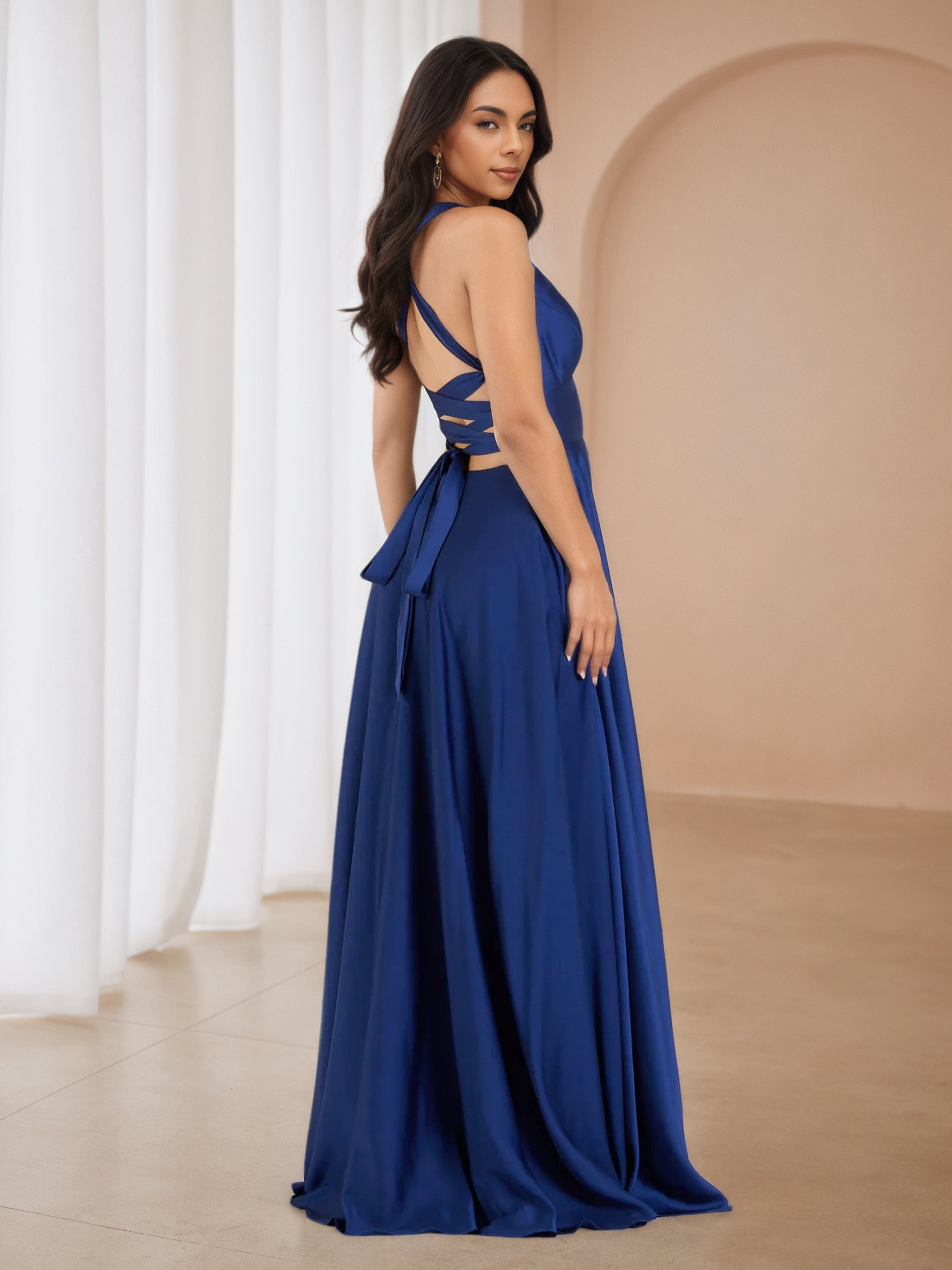 A-Line Royal Blue V-Neck Straps Formal Dresses