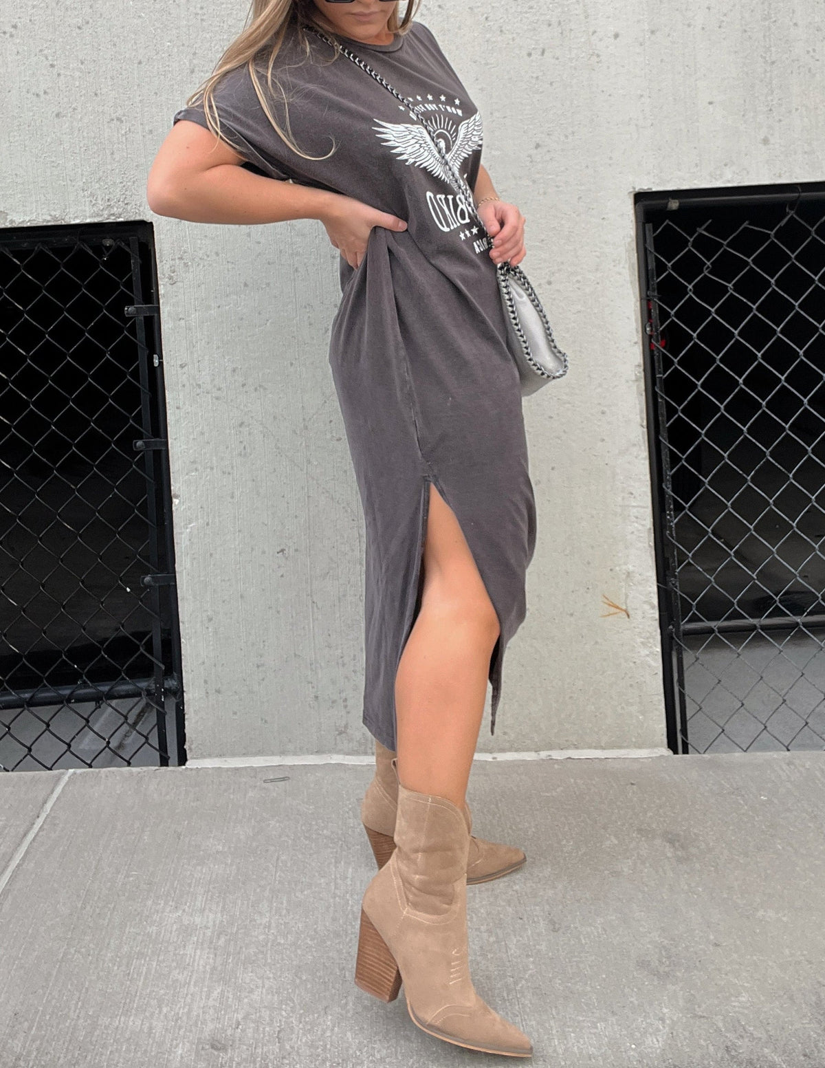 Eagle Graphic Print Short Sleeve Side Split T-Shirt Midi Dress