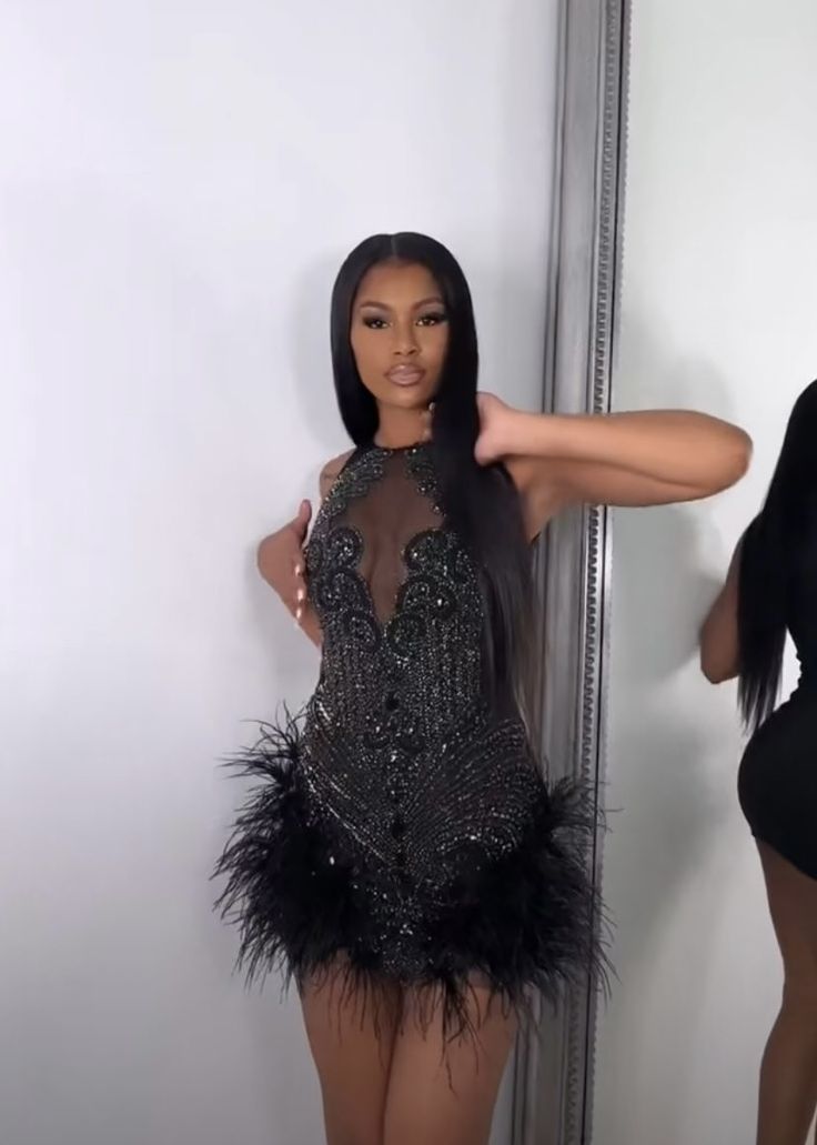 New Design Black Short Prom Dress Luxury Beaded Feather Birthday Party Cocktail Gowns