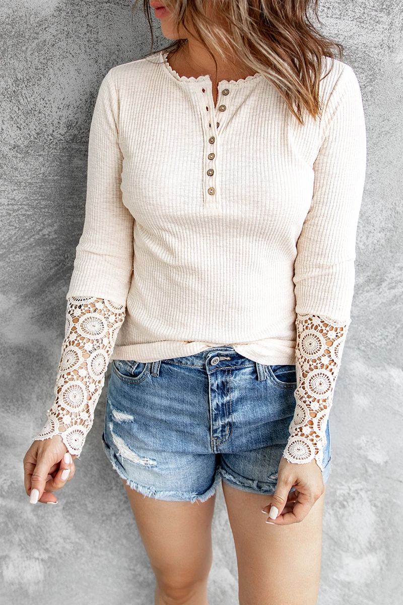 Button Lace Patchwork Long Sleeve T Shirt