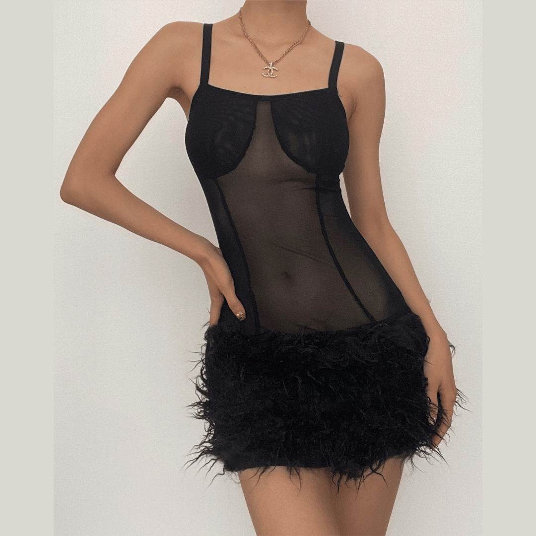 Sheer Mesh Square Neck Sleeveless Faux Feather Hem Bodycon Mini Dress